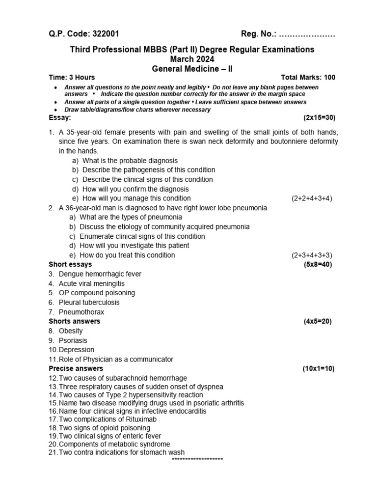 KUHS MBBS General Medicine II Exam 2024 | PDF | Pneumonia | Psoriasis