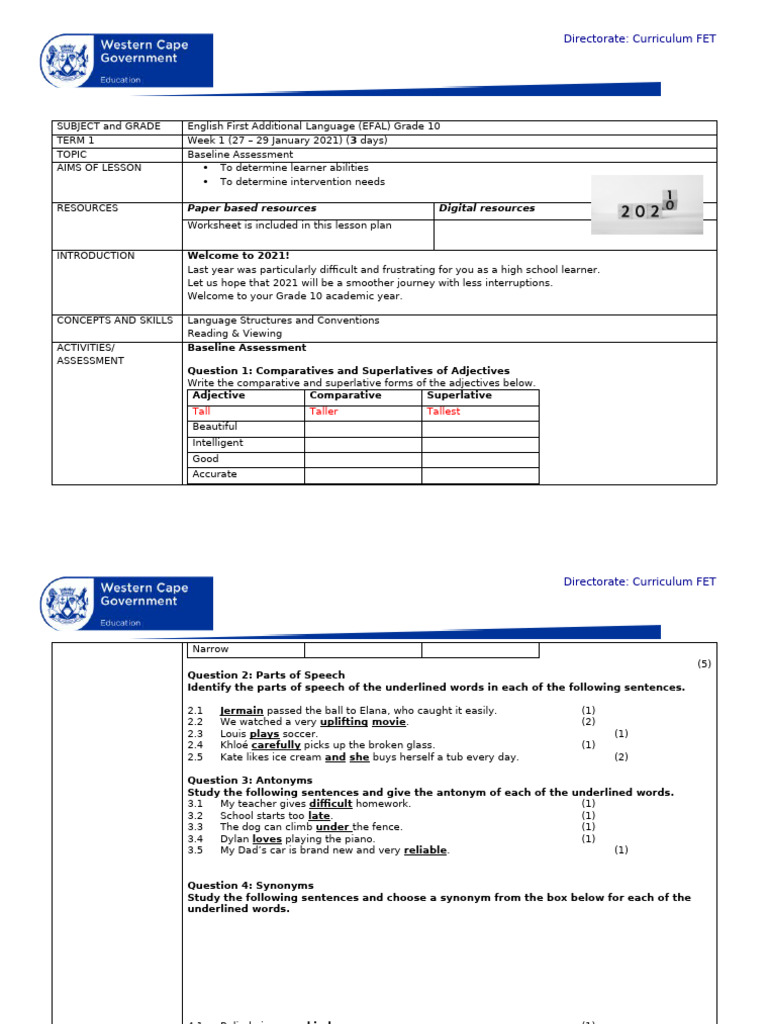 Grade 10 EFAL Term 1 Baseline Assessment | PDF | Adjective