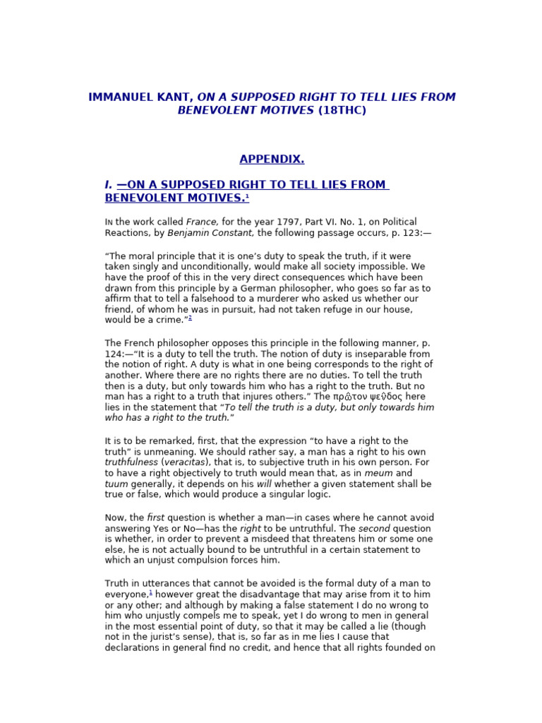 Kant on Lies and Moral Duty | PDF | Truth | Axiom