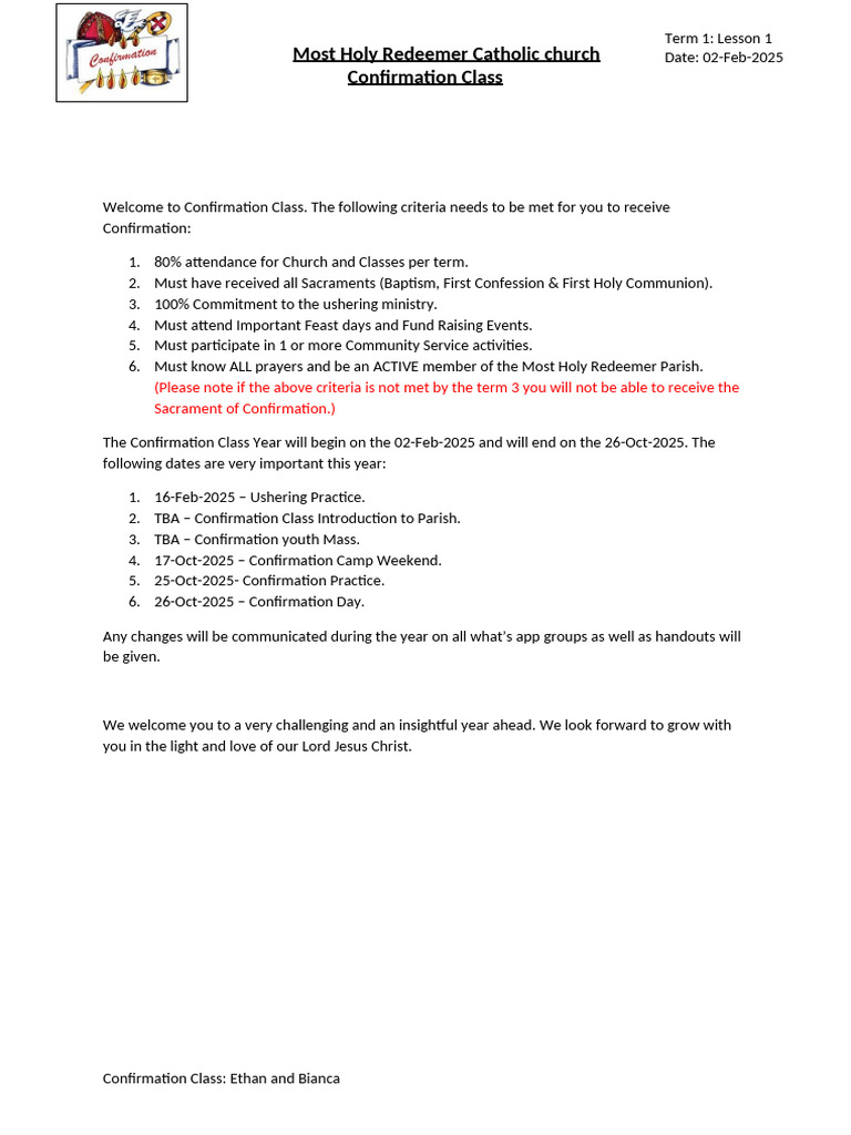 11-Feb-2024 - Welcome To Confirmation Class - Lesson 1-1 | PDF