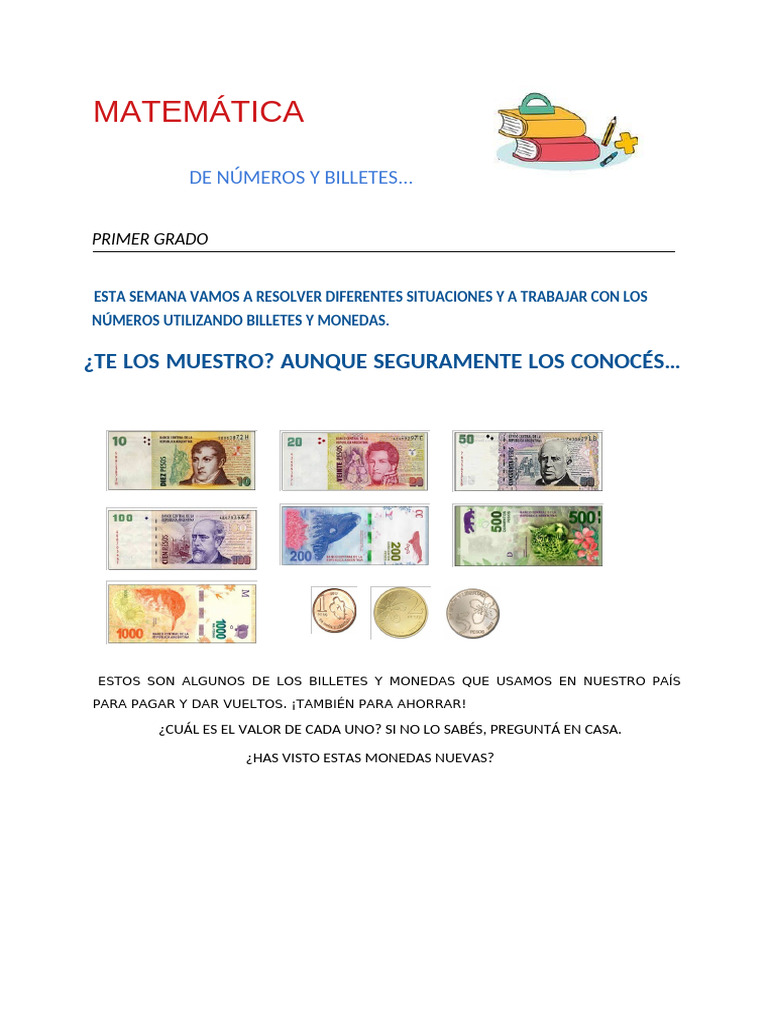 Actividades de Billetes y Monedas 1° Grado | PDF | Dinero