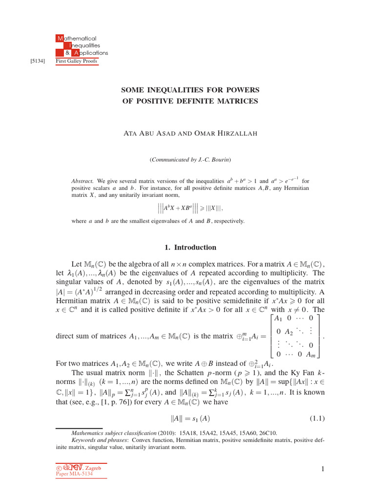 Matrix Inequalities for Positive Definite Matrices | PDF | Eigenvalues ...