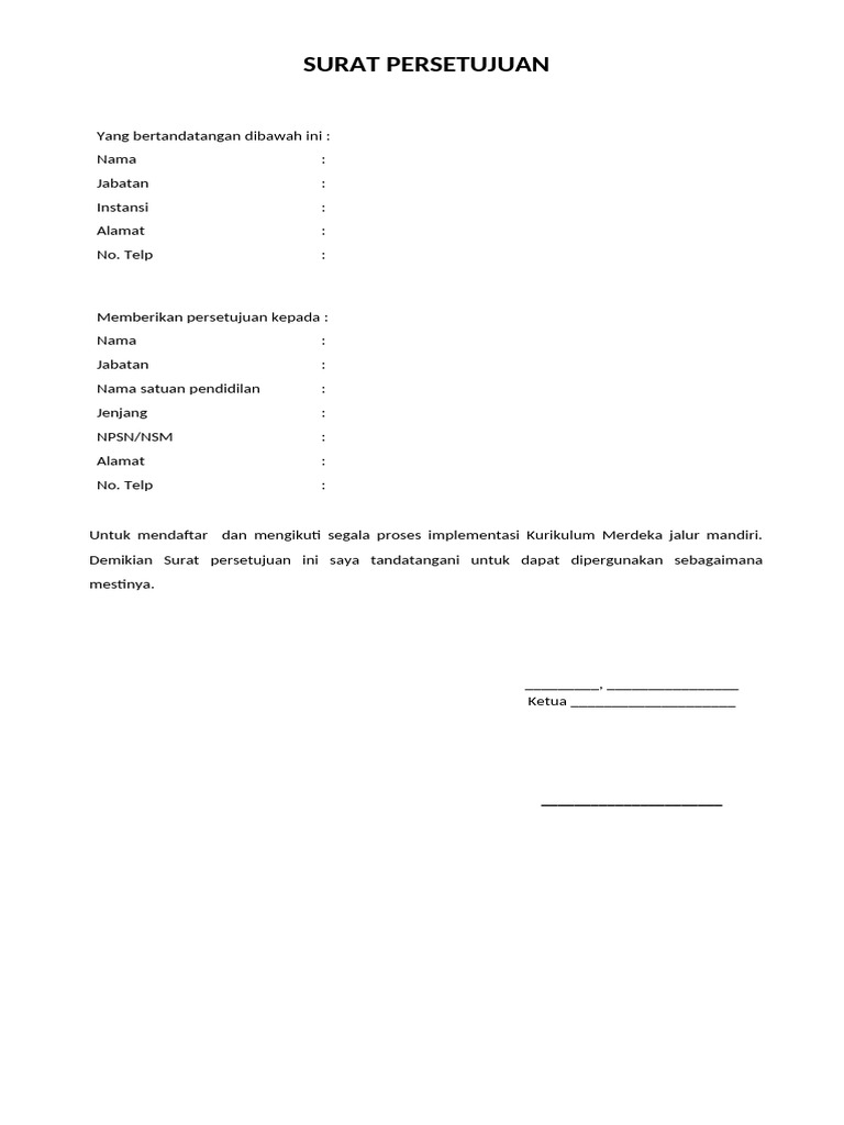 Surat Persetujuan Kurikulum Merdeka Pdf
