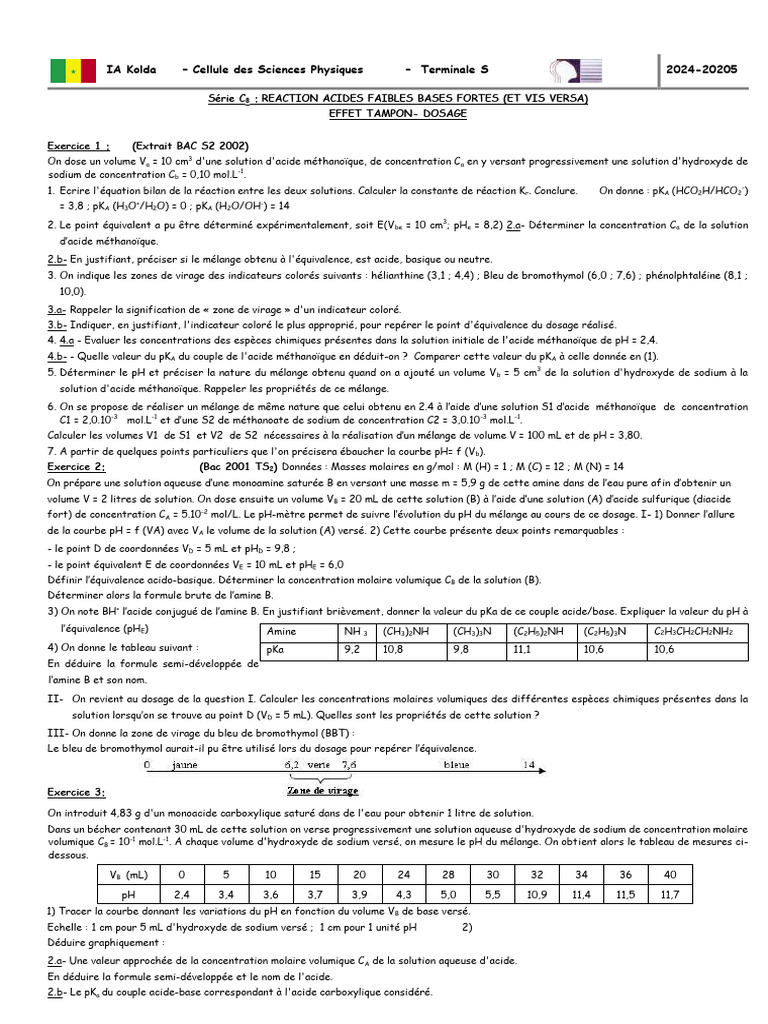 Dosage Acides et Bases: Exemples et Méthodes | PDF | Ph | Constante d ...