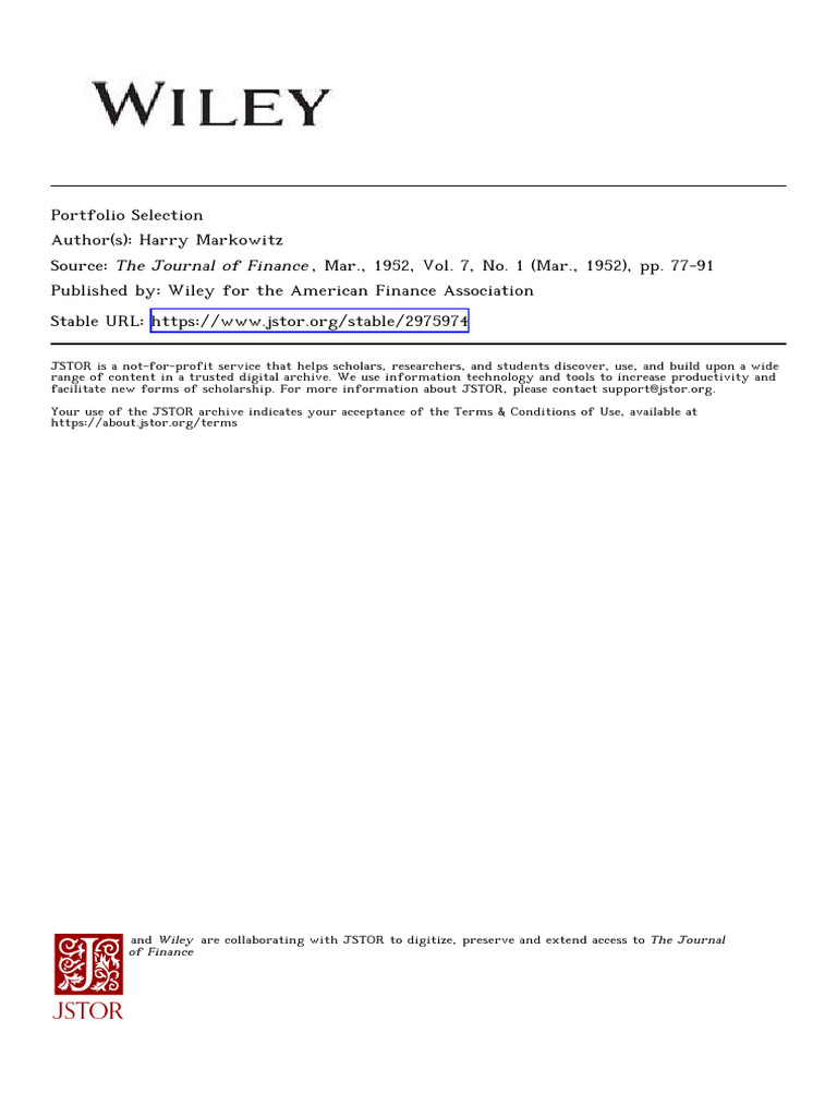 Markowitz's 1952 Portfolio Selection Theory | PDF | Random Variable ...