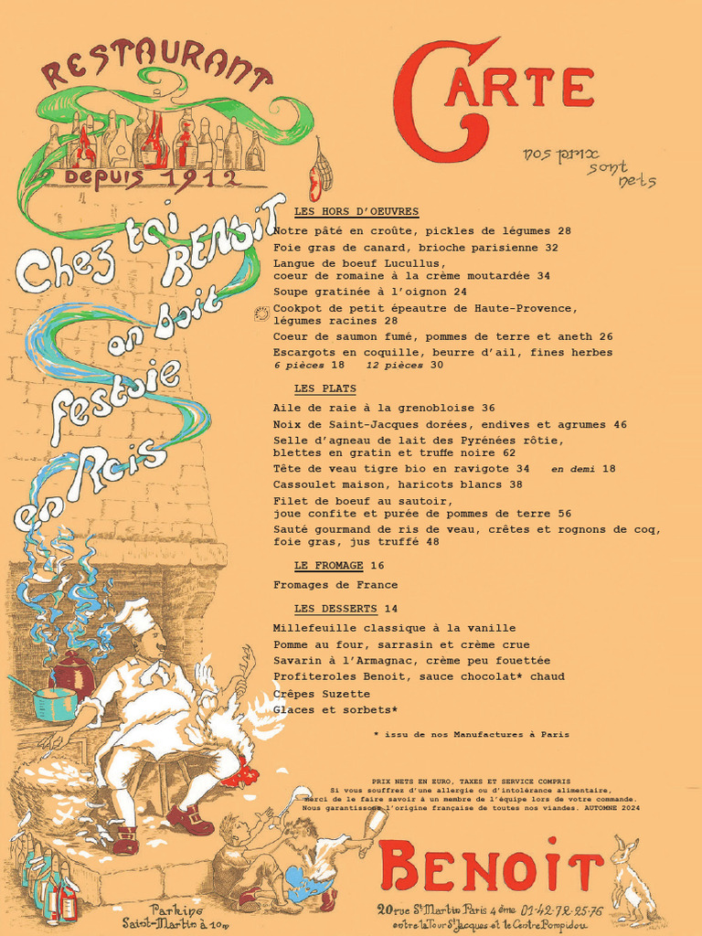Menu du Restaurant Benoit Paris | PDF