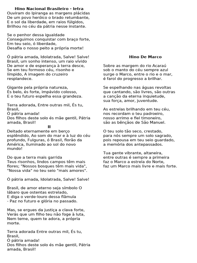 Letra do Hino Nacional Brasileiro | PDF | Amor | Céu