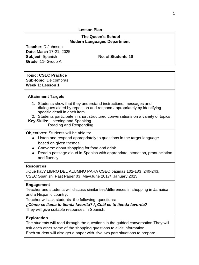 CSEC Spanish Lesson Plan: Shopping & Sports | PDF | Spanish Language ...