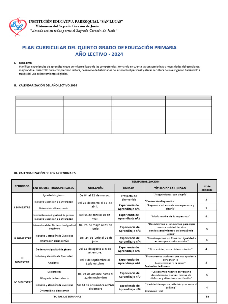 Plan Curricular Quinto Grado 2024 | PDF | División (Matemáticas ...