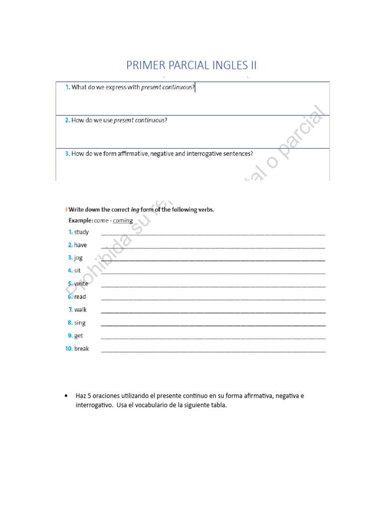 Ejercicios de Presente Continuo en Inglés | PDF