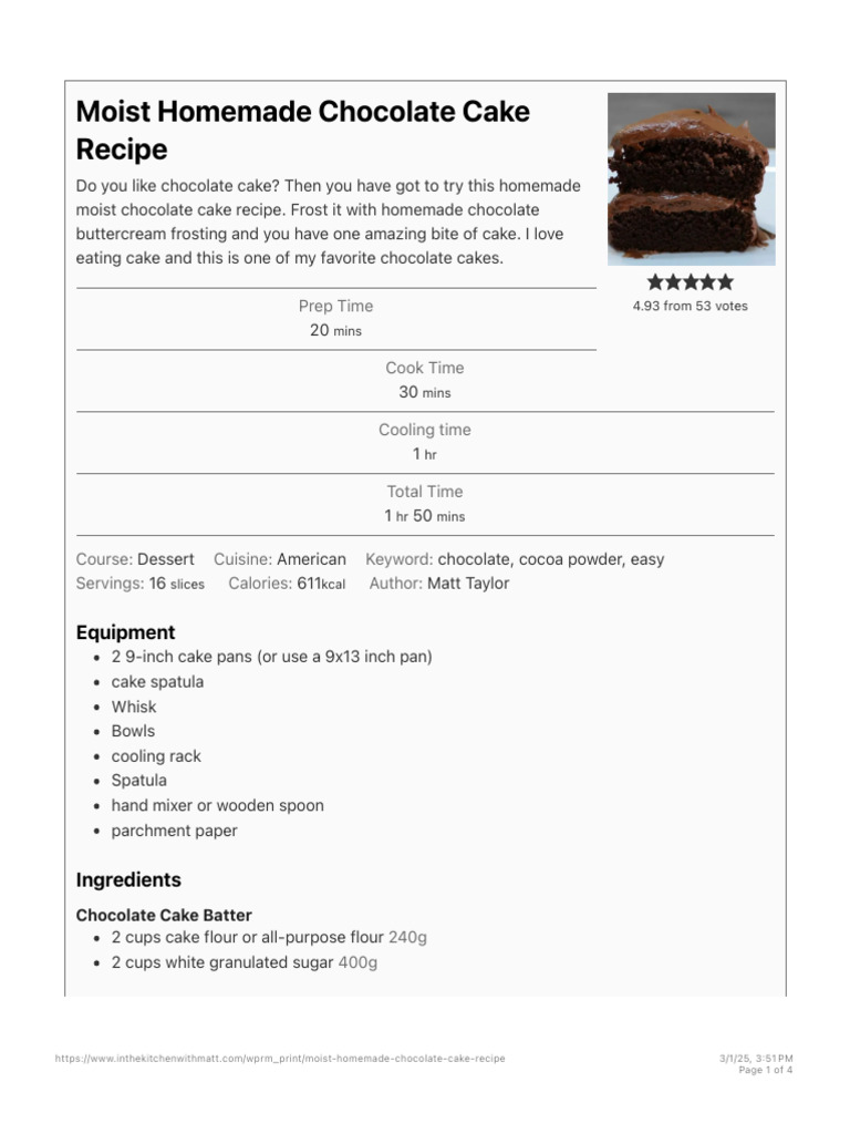 Moist Chocolate Cake Recipe | PDF | Cakes | Chocolate