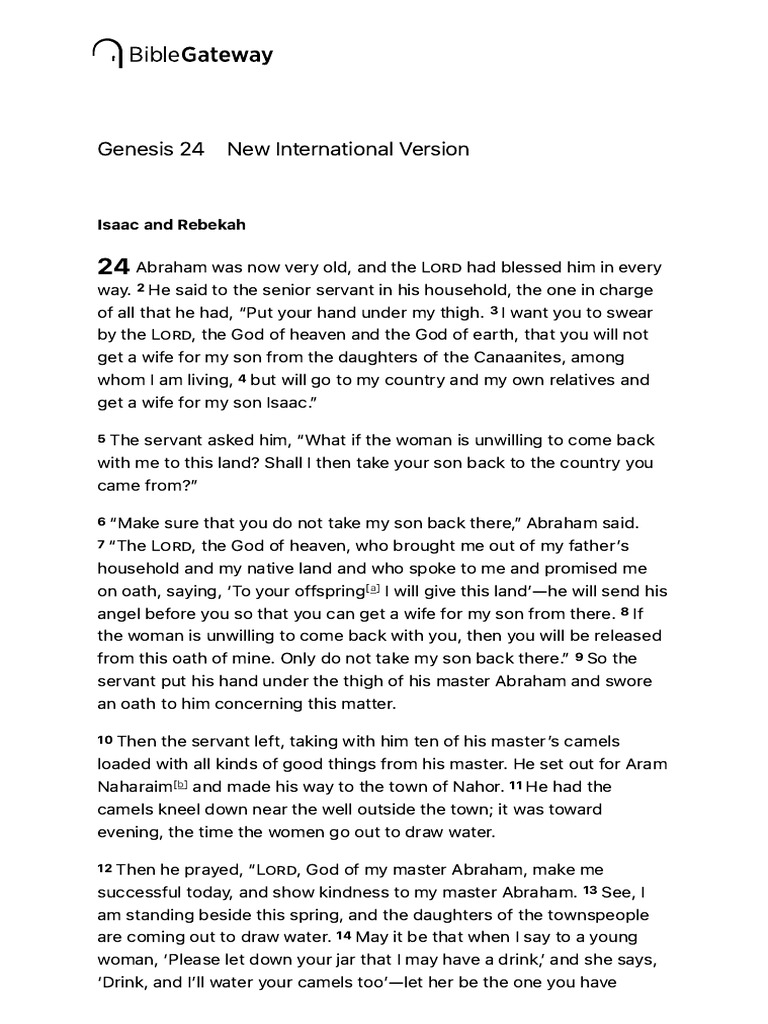 Genesis 24 NIV - Isaac and Rebekah - Abraham Was Now - Bible Gateway ...