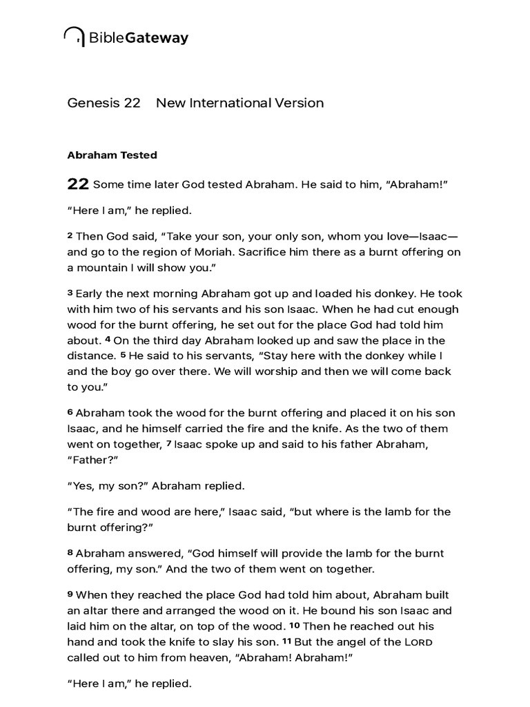 Genesis 22 NIV - Abraham Tested - Some Time Later God - Bible Gateway ...