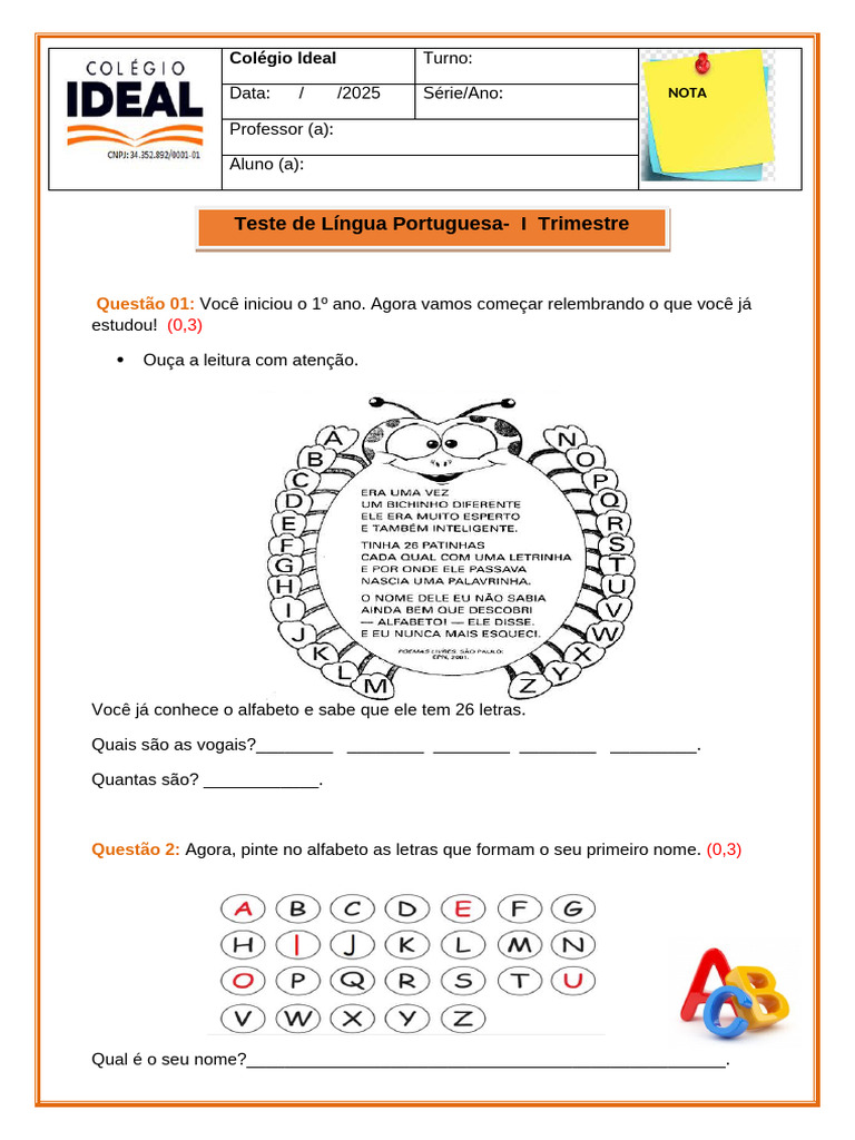 Teste de Língua Portuguesa 1º Ano | PDF