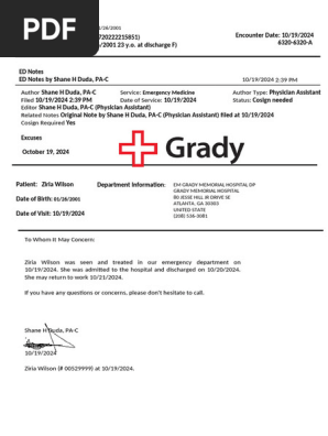 Grady Hospital Work Excuse for Ziria Wilson | PDF