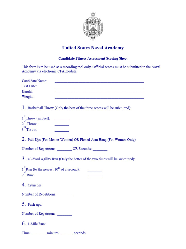 USNA Candidate Fitness Assessment Sheet | PDF