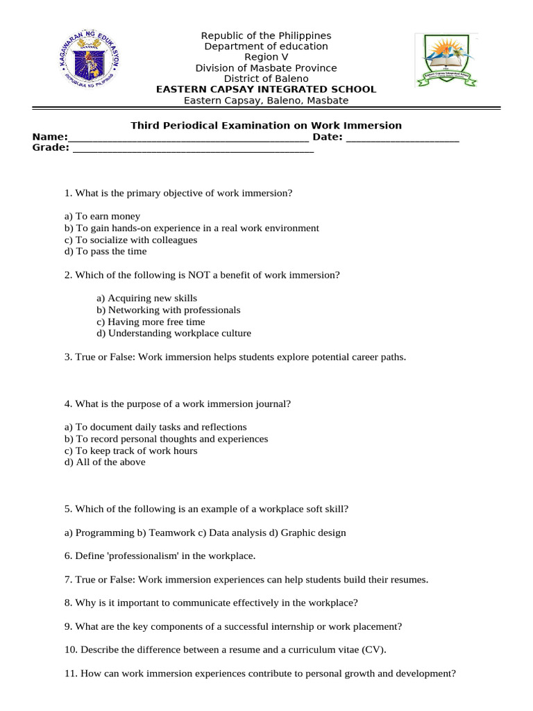 4th Quarter Work Immersion Exam Guide | PDF | Human Communication ...