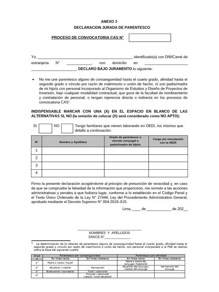 Declaración Jurada de Parentesco CAS | PDF | Parentesco | Familia