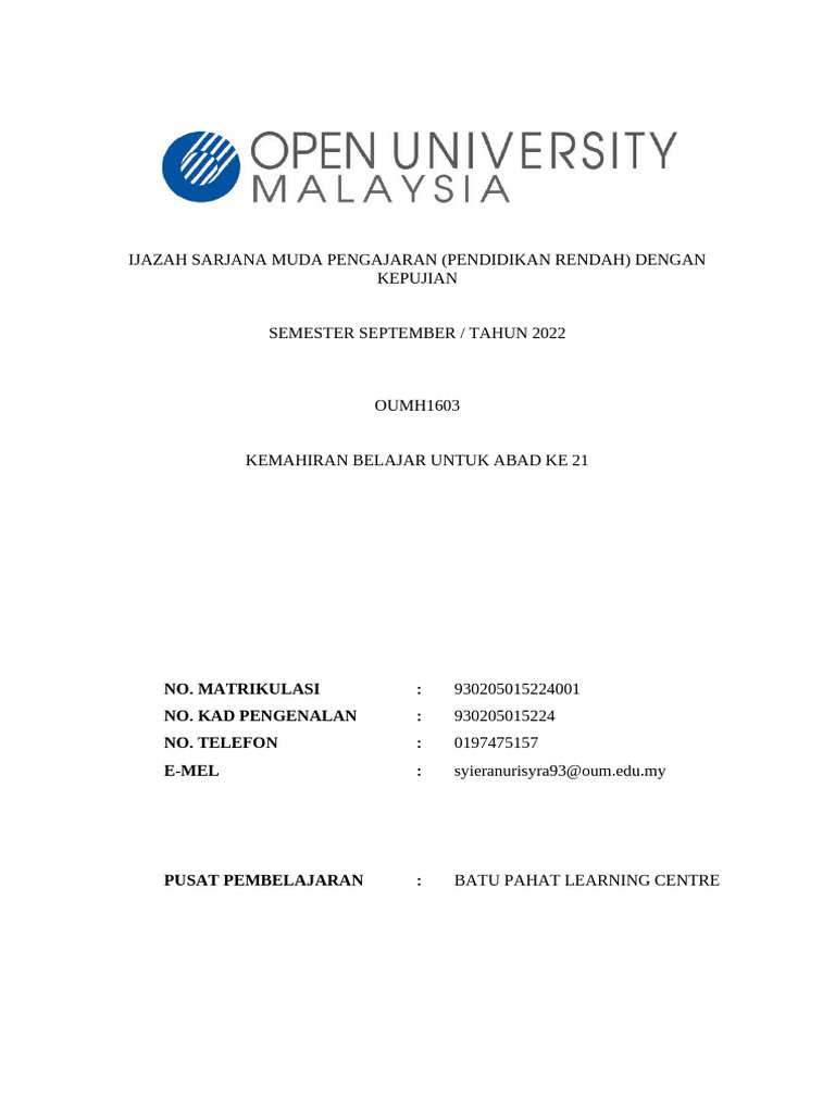 Assignment Template Oumh1603 | PDF