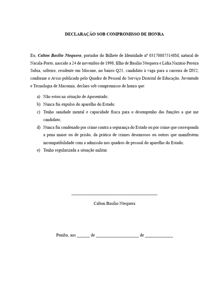 Declaração de Compromisso de Honra | PDF