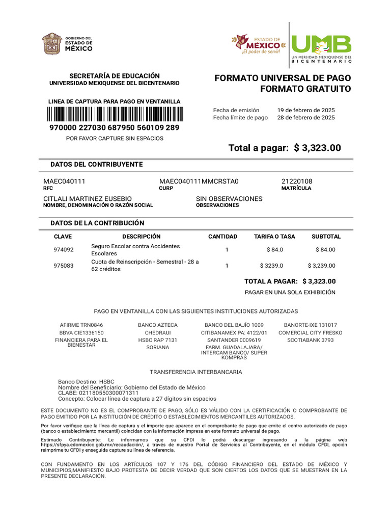 Formato de Pago Universitario 2025 | PDF | Finanzas personales ...