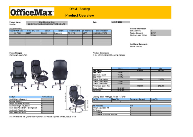 OMM - Chair Specification Sheet DM - XLSX - PRODUCT SPEC - 62297 | PDF ...