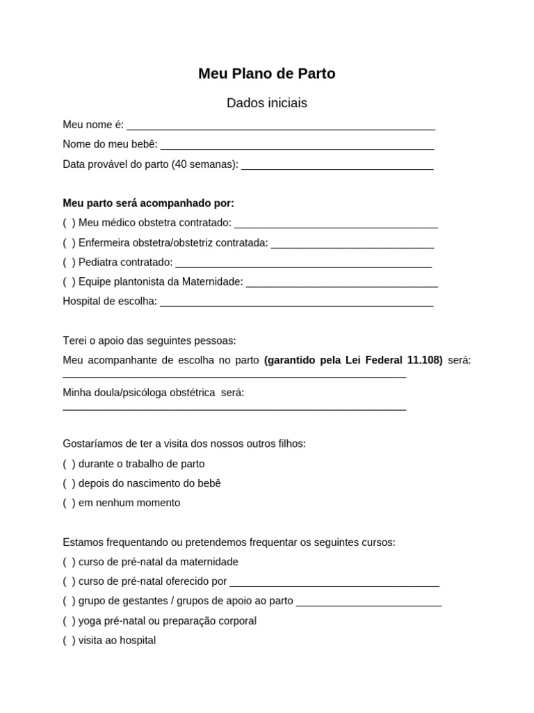 Modelo de Plano de Parto Personalizado | PDF | Parto | Bebês