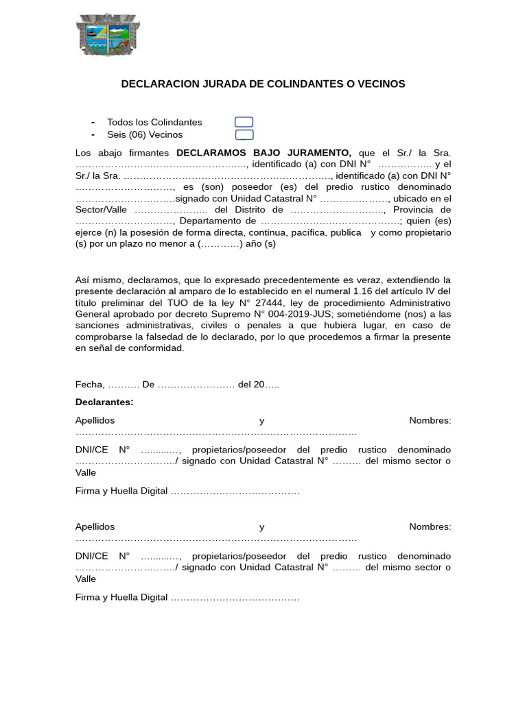 Declaración Jurada de Colindantes | PDF | Gobierno | Justicia