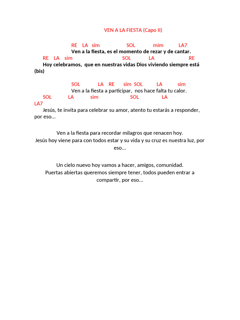 Acordes y letra de "Ven a la Fiesta" | PDF