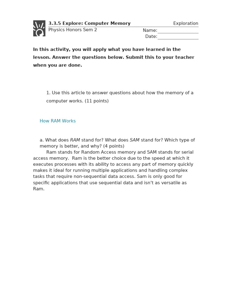 3.3.5 Explore - Computer Memory (Exploration) | PDF | Random Access ...