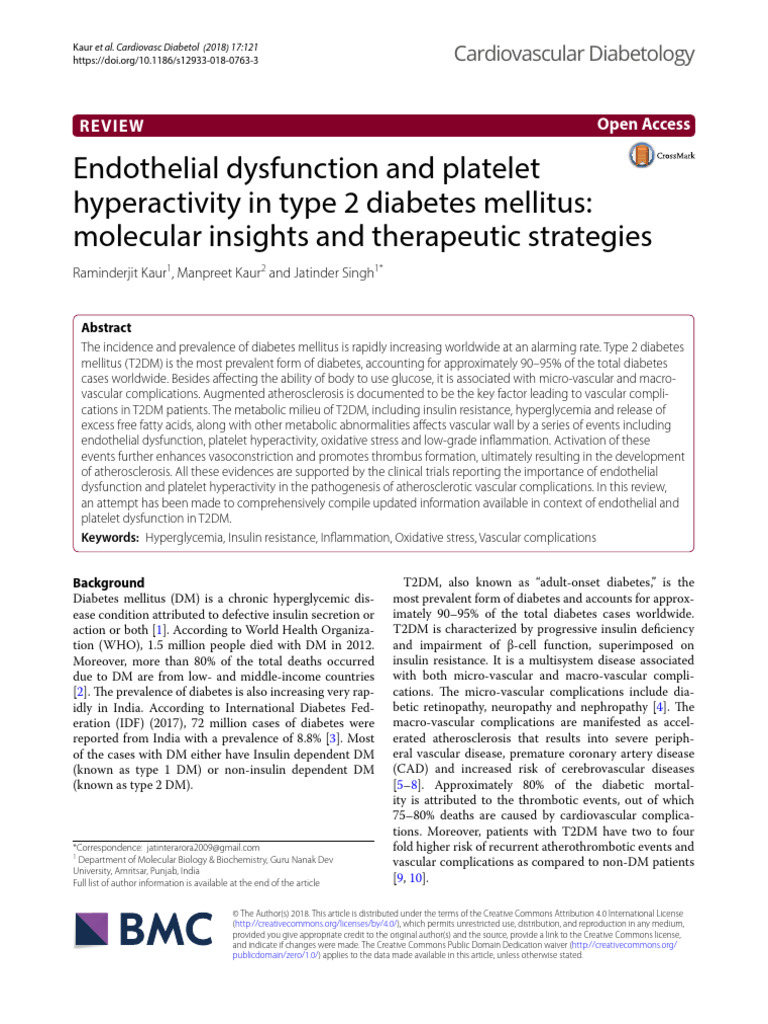 Endothelial Dysfunction in Type 2 Diabetes | PDF | Endothelium | Platelet