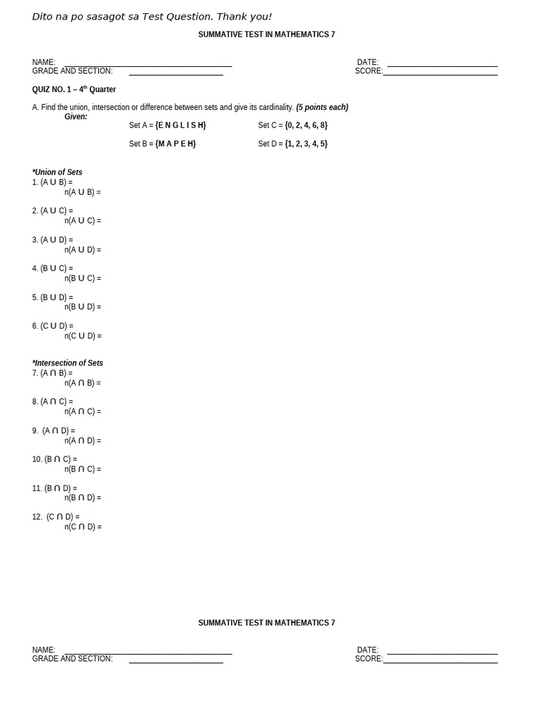 Summative Test in Mathematics 7 | PDF | Mathematics | Mathematical Logic