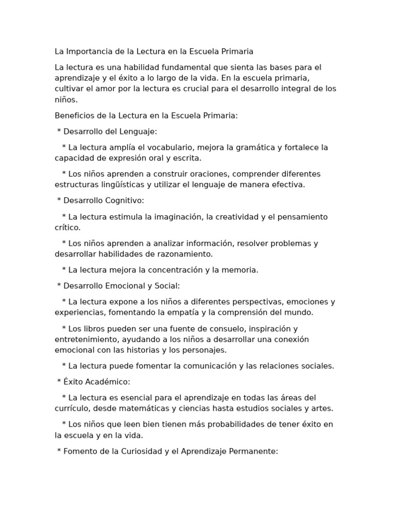 Beneficios de la Lectura en Primaria | PDF | Educación primaria ...