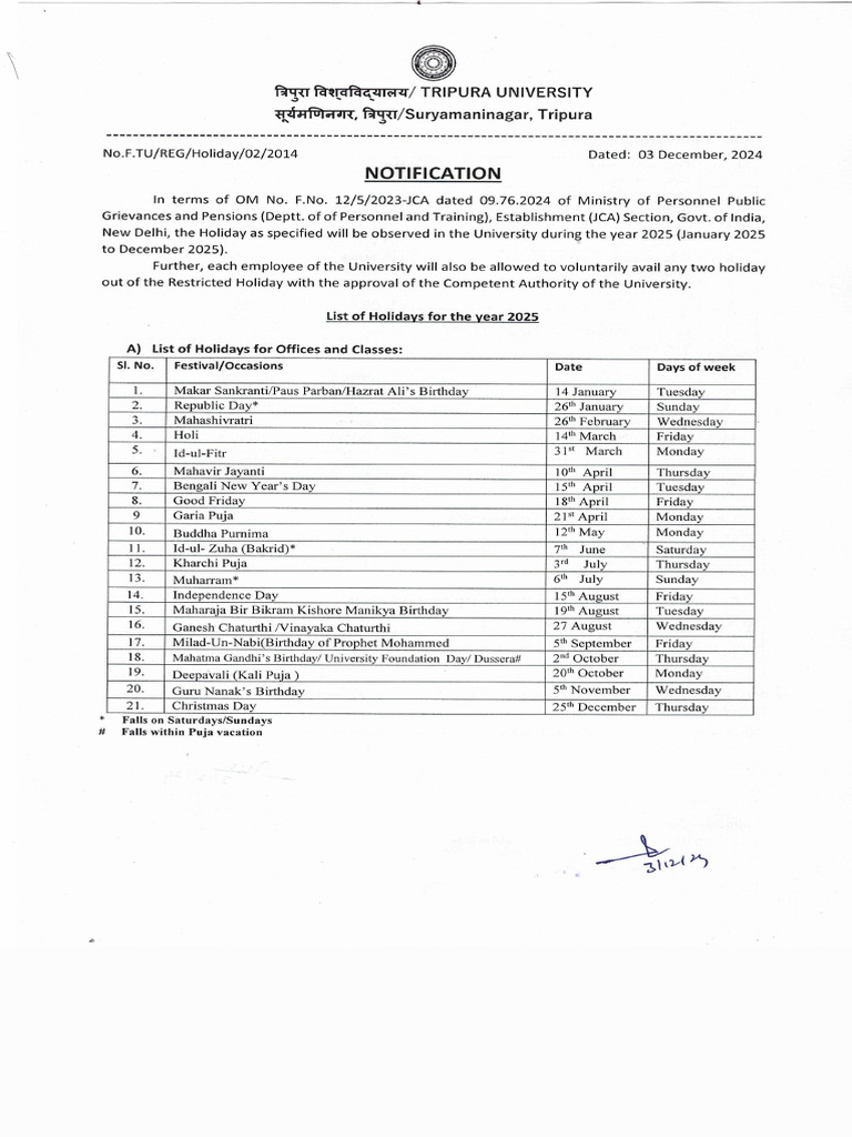 List of Holidays For The Year 2025 | PDF