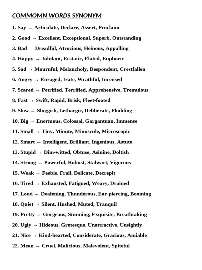 Common Words and Their Synonyms | PDF
