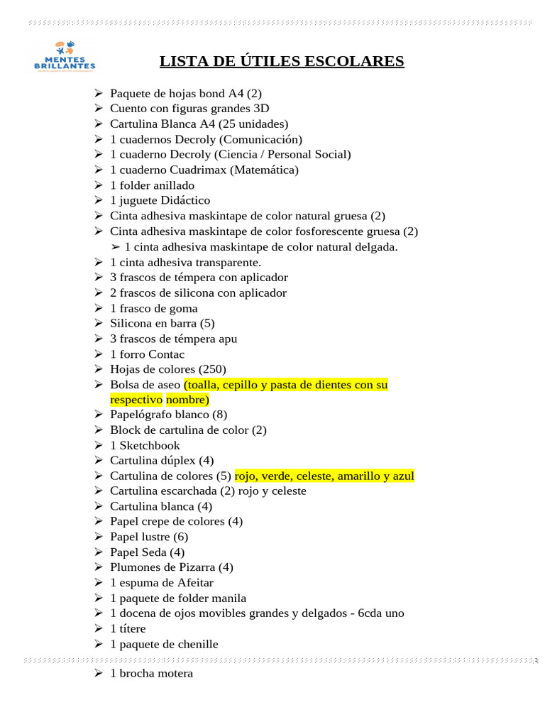 Lista de Útiles Escolares 2025 | PDF