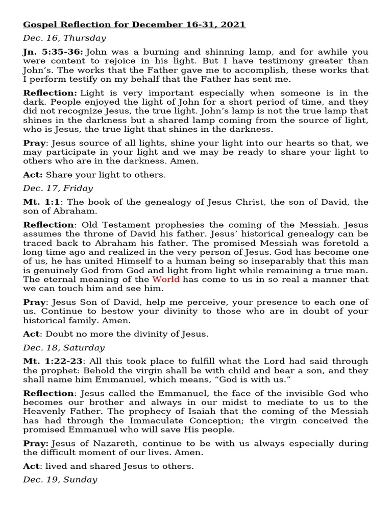December 2021 Gospel Reflections | PDF | Mary, Mother Of Jesus | Jesus