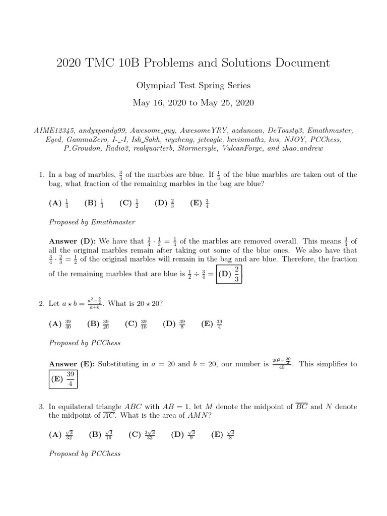 Spring 2020 TMC 10B Sol | PDF | Square Root | Elementary Mathematics