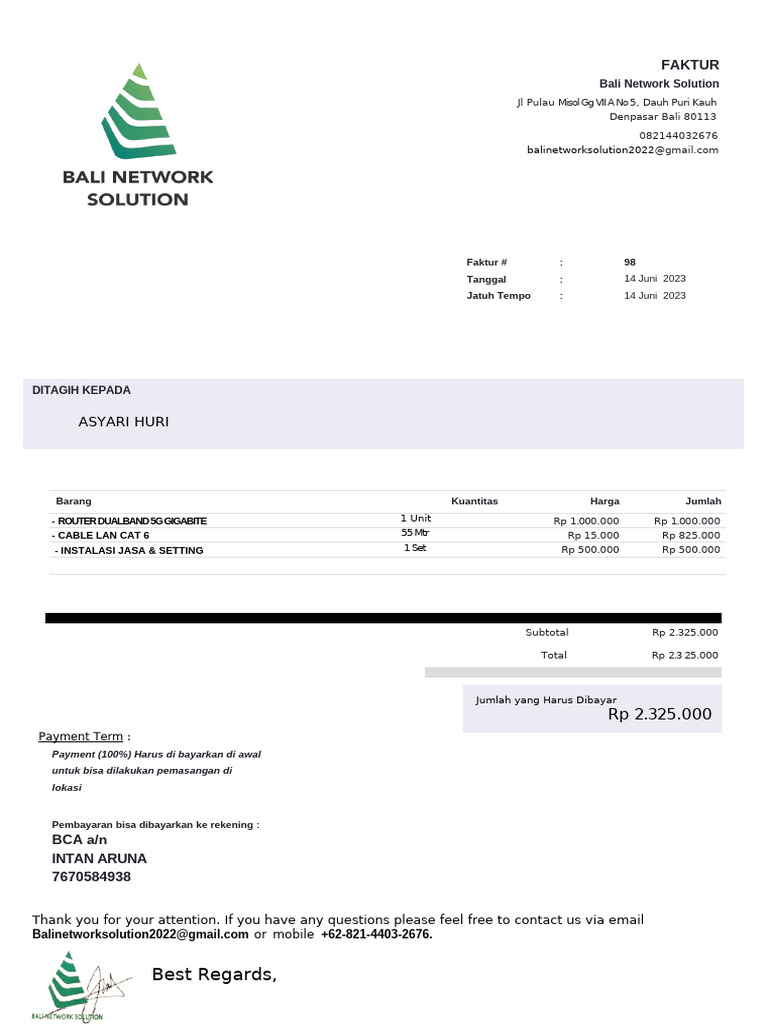 Faktur Pembayaran Bali Network Solution | PDF