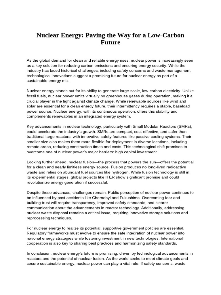 Nuclear Energy - Paving The Way For A Low-Carbon Future | PDF