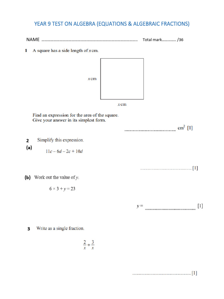 Year 9 Algebra Test on Equations | PDF