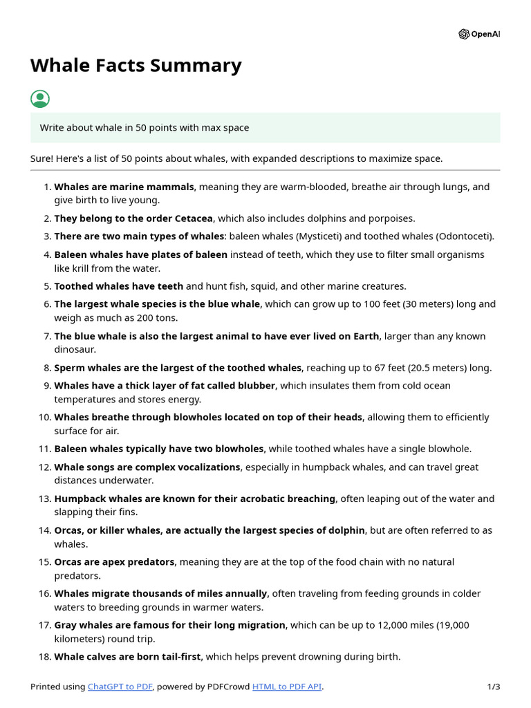 Whale Facts Summary-Pages-1 | PDF