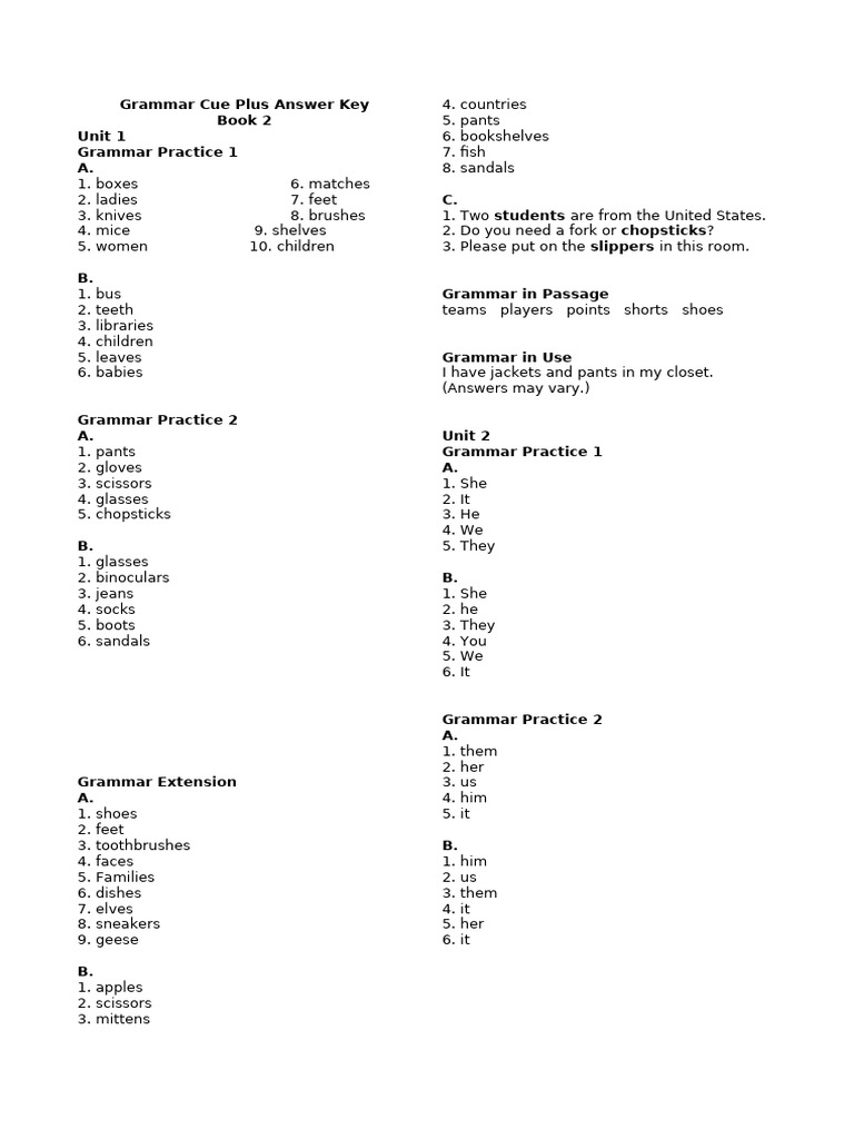 Grammar Cue Plus Answer Key: Book 2 | PDF
