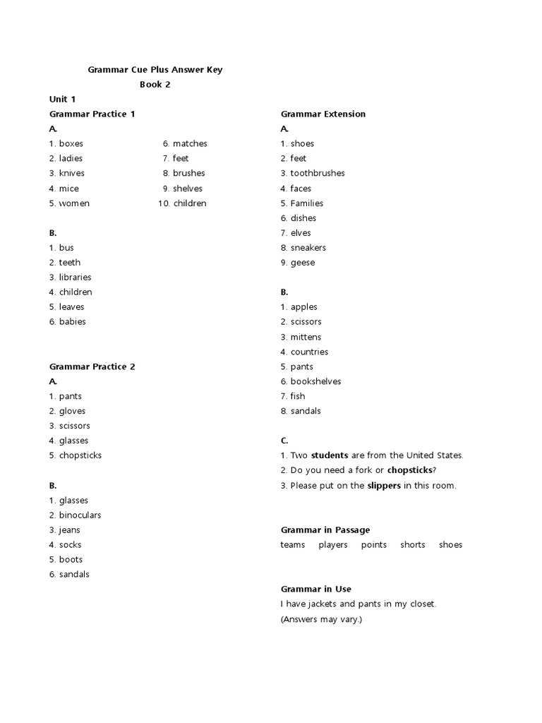 Grammar Cue Plus Answer Key Book 2 | PDF