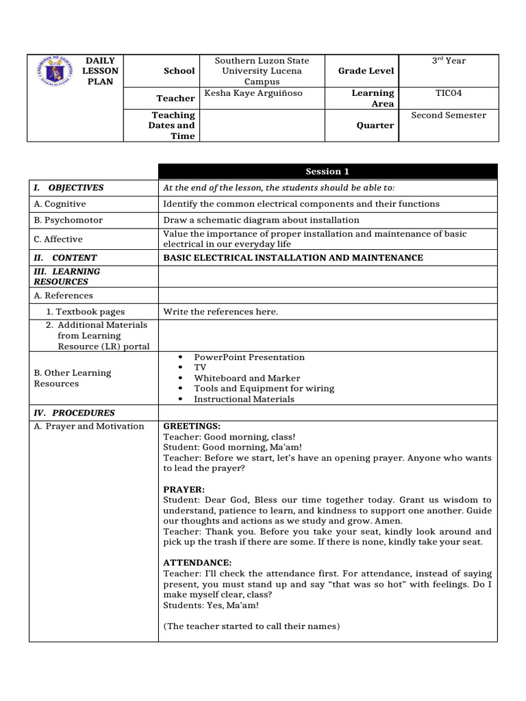 Electrical Installation Lesson Plan | PDF | Electrical Wiring | Learning