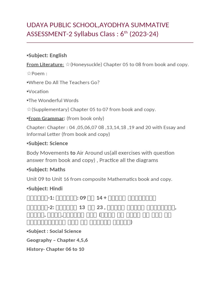 Class 6 SA 2 Syllabus 2023 24 | PDF
