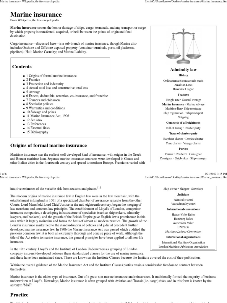 Marine Insurance - Wikipedia, The Free Encyclopedia | PDF | Marine ...
