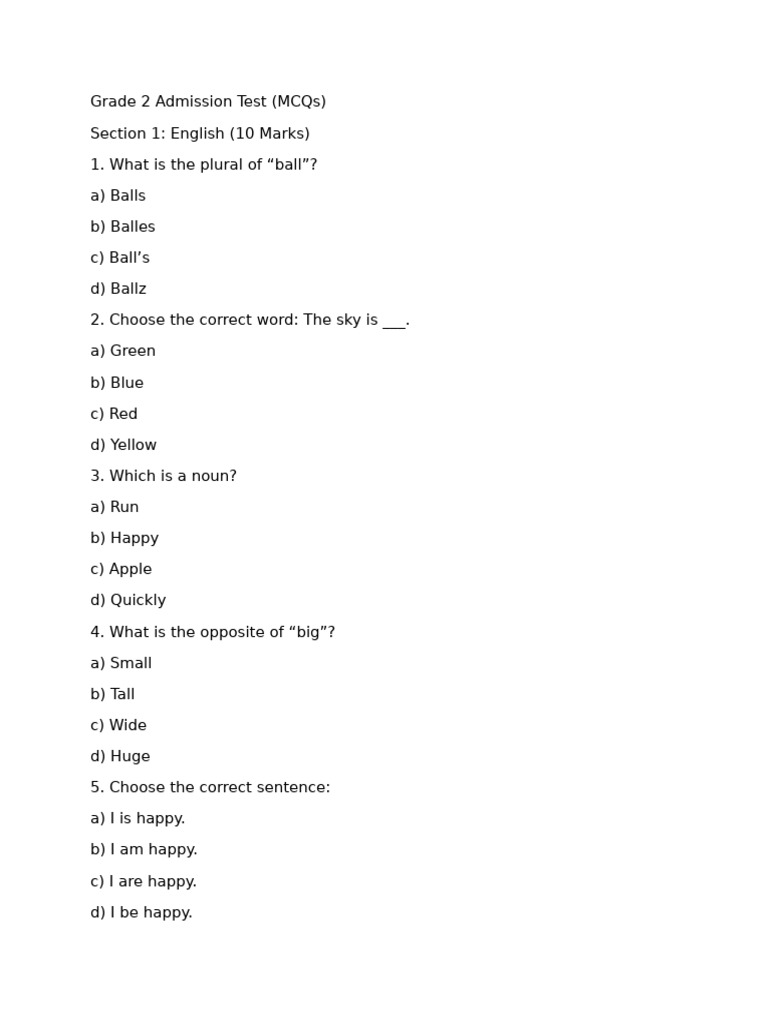Grade 2 Admission Test Sample Questions | PDF