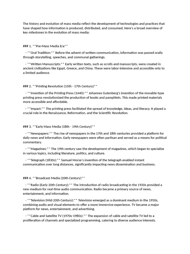 Evolution of Mass Media History | PDF | Mass Media | Printing Press
