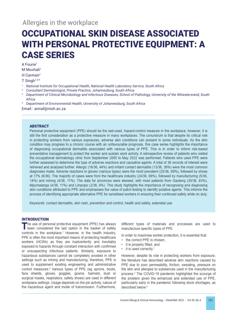 Fourie Et Al 2022 Occupational Skin Disease Associated With Personal ...